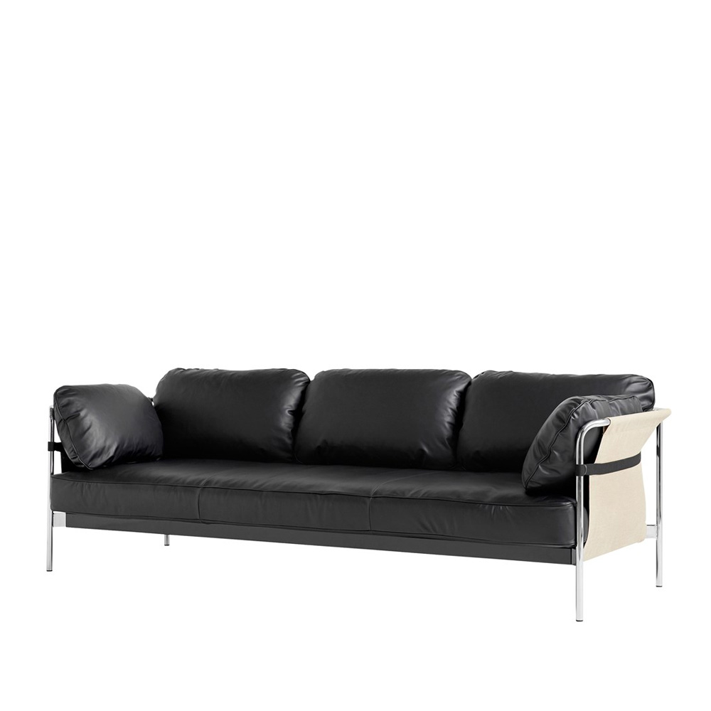 Hay_CAN_3-SEATER_kolmen_istuttava_sohva_musta_nahka_beige _kangas_kromatut_putkijalat_01 - Edella Hay Can 3-seater sohva