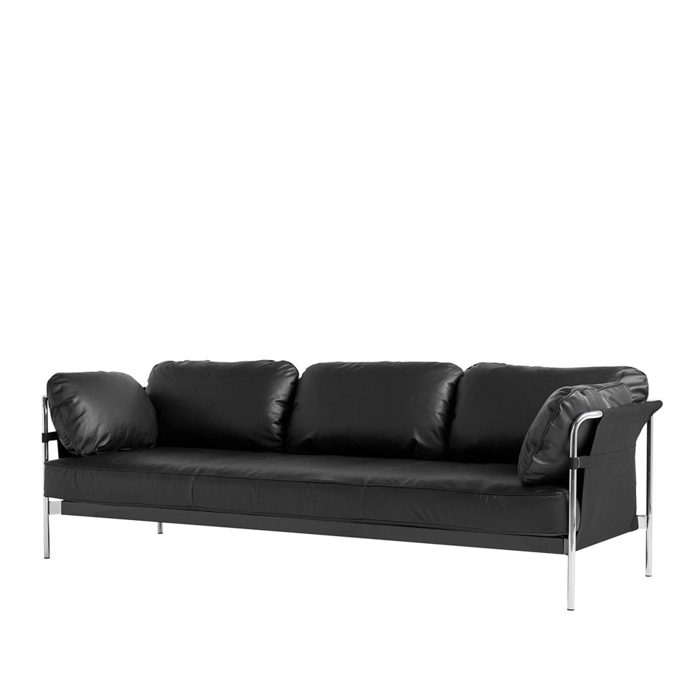 Hay_CAN_3-SEATER_kolmen_istuttava_sohva_musta_nahka_musta _kangas_kromatut_putkijalat_01 - Edella Hay Can 3-seater sohva