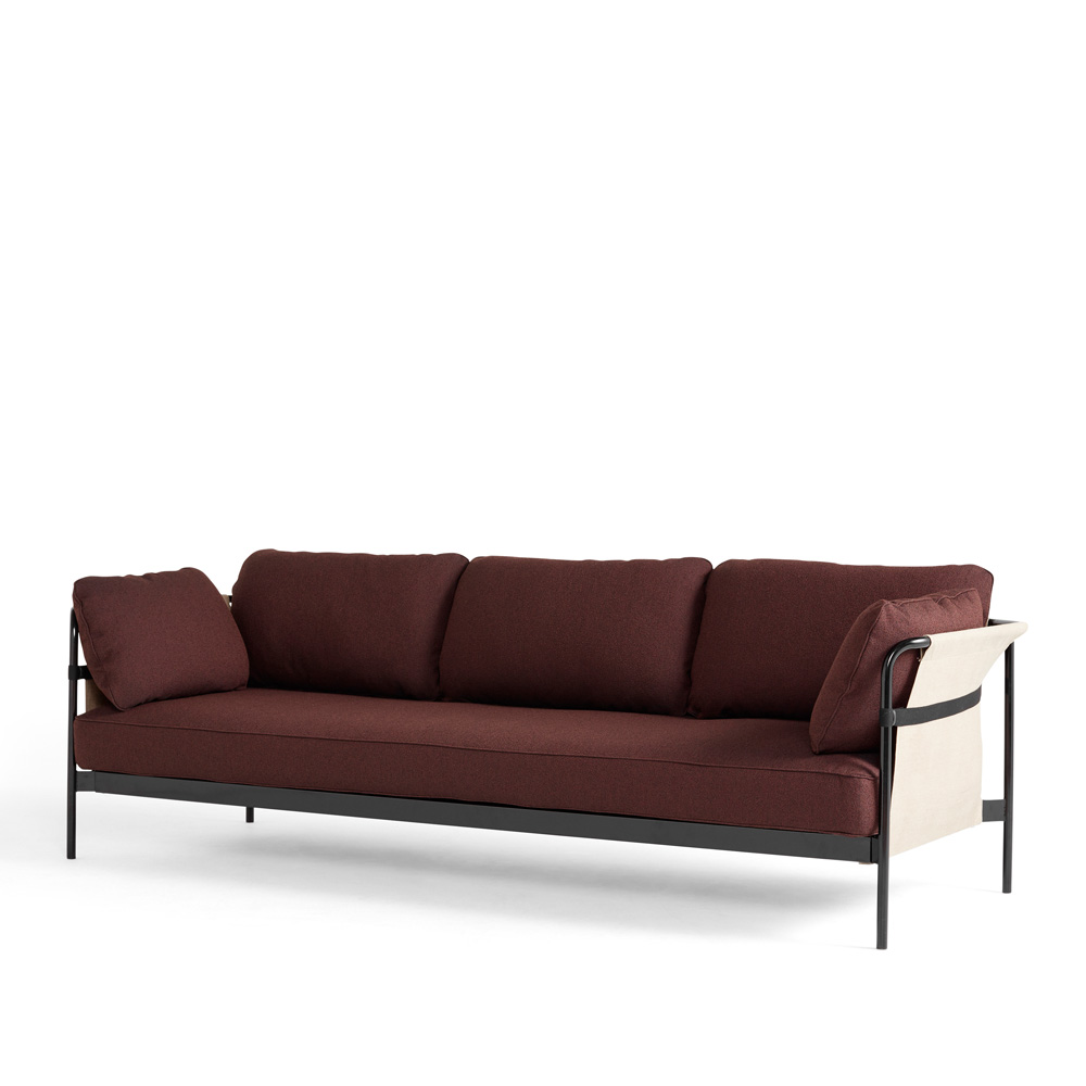 Hay_CAN_3-SEATER_kolmen_istuttava_sohva_tummanpunainen-beige _kangas_mustat_putkijalat_01 - Edella Hay Can 3-seater sohva