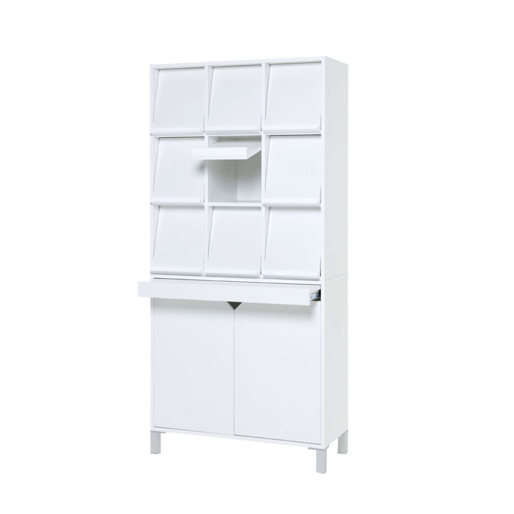 Prima_office_Baseline_Combo_valkoinen_white_esitekaappi_lehtikaappi_ovikaapilla_ulosvedettävällä_aputasolla_kirjastoon_toimistoon_01 - Edella Prima Office Baseline Combo lehtikaappi ovikaapilla ja aputasolla