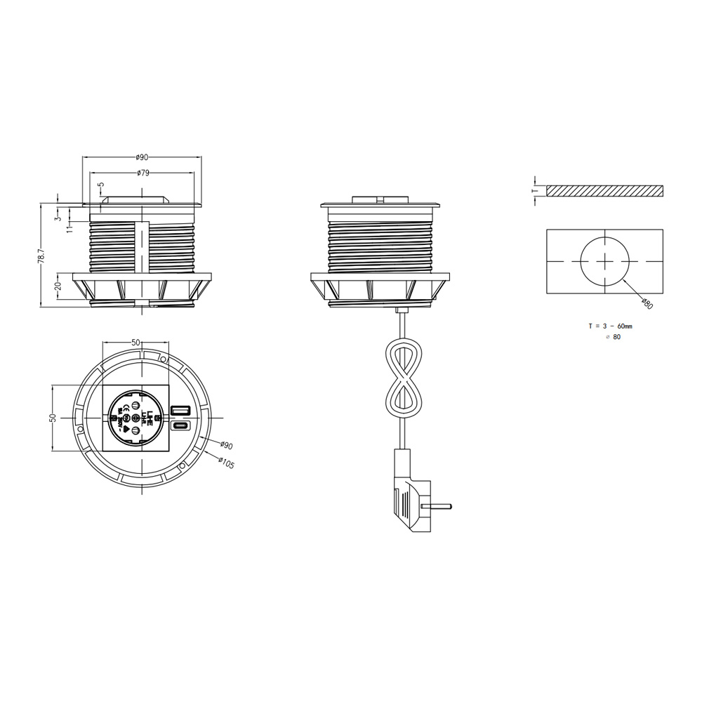 SELECTed_Round_Power_Socket_työpöytään_upotettava_pistorasia_pöytäpistorasia_USB-C_03 - Edella SELECTed Round Power Socket pöytäpistorasia