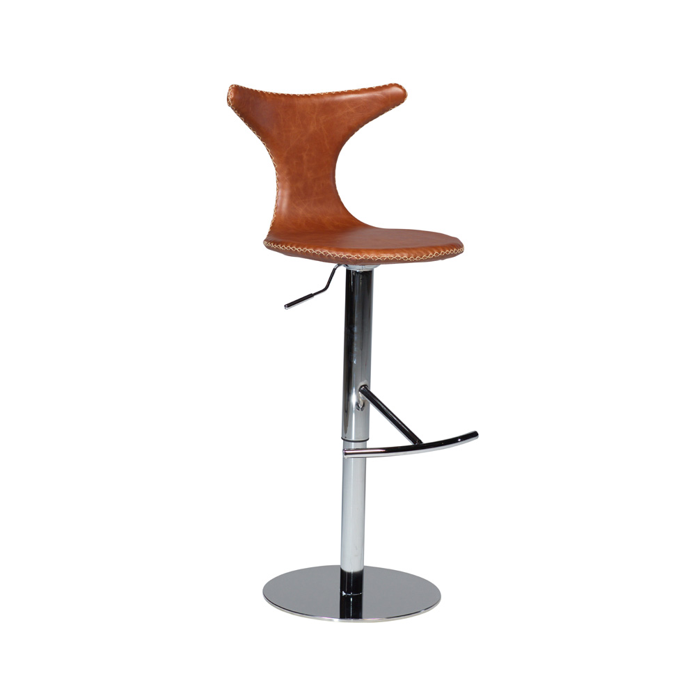 Danform_DOLPHIN_BAR_STOOL_Baarituoli_-light_brown_leather_w_round_polished_steel_base_laippajalka_01 - Edella Dan-Form Dolphin Bar Stool baarituoli laippajalalla